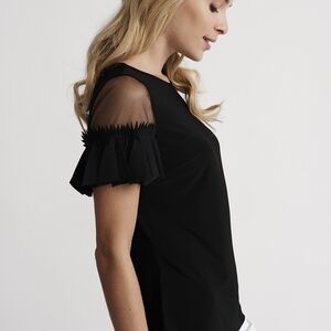 NWT Forever 21 Black Top with Sheer Ruffle Sleeves Pleated